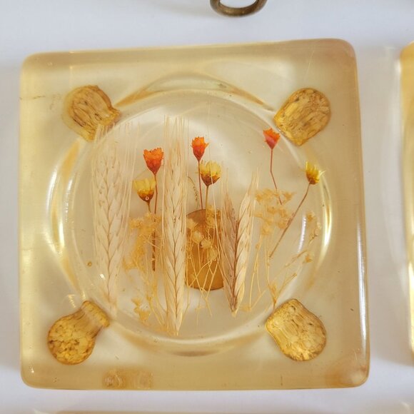 Vintage Kendalls Lucite Coasters With Dried Flowers & Stand Set Of 4 - Picture 5 of 6